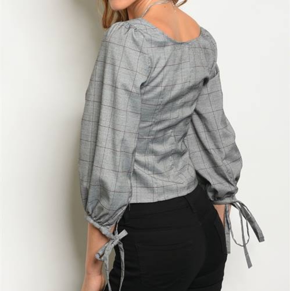GRAY PLAID CORSET TIE SLEEVE TOP - Picture 3 of 4